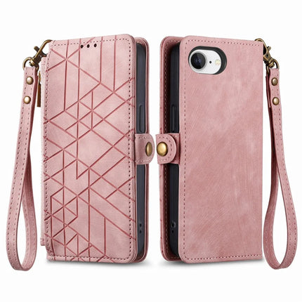 For iPhone 16e Zipper Wallet Case Geometry Lines Leather Phone Cover with Strap