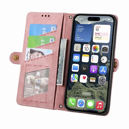 For iPhone 16e Zipper Wallet Case Geometry Lines Leather Phone Cover with Strap