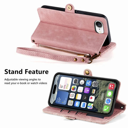 For iPhone 16e Zipper Wallet Case Geometry Lines Leather Phone Cover with Strap