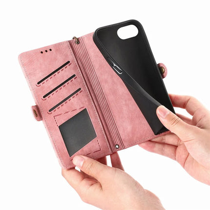 For iPhone 16e Zipper Wallet Case Geometry Lines Leather Phone Cover with Strap