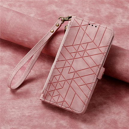 For iPhone 16e Zipper Wallet Case Geometry Lines Leather Phone Cover with Strap