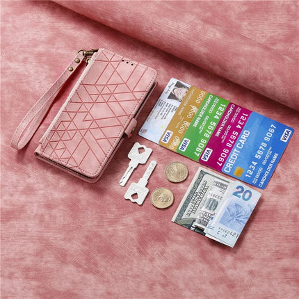 For iPhone 16e Zipper Wallet Case Geometry Lines Leather Phone Cover with Strap