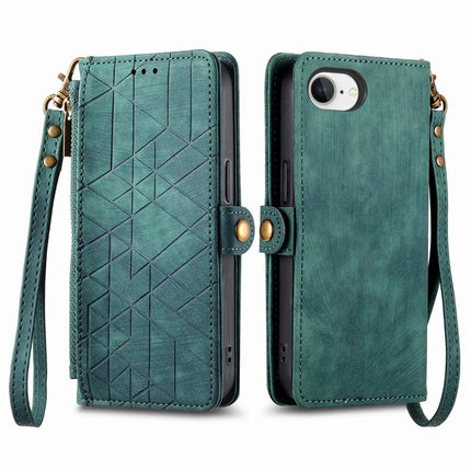 For iPhone 16e Zipper Wallet Case Geometry Lines Leather Phone Cover with Strap