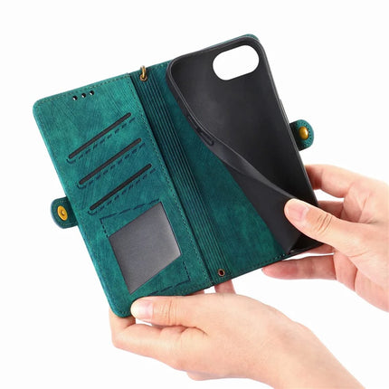 For iPhone 16e Zipper Wallet Case Geometry Lines Leather Phone Cover with Strap
