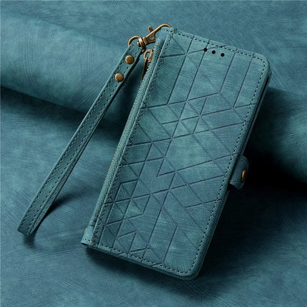 For iPhone 16e Zipper Wallet Case Geometry Lines Leather Phone Cover with Strap