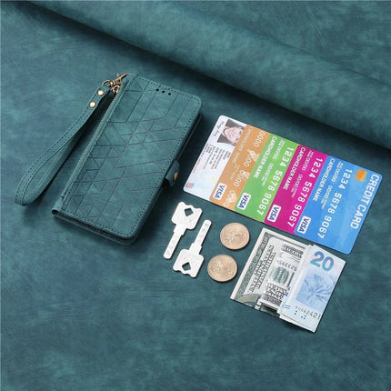 For iPhone 16e Zipper Wallet Case Geometry Lines Leather Phone Cover with Strap