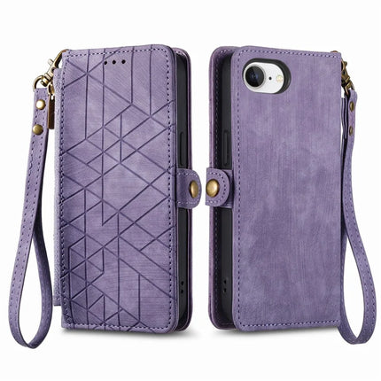 For iPhone 16e Zipper Wallet Case Geometry Lines Leather Phone Cover with Strap