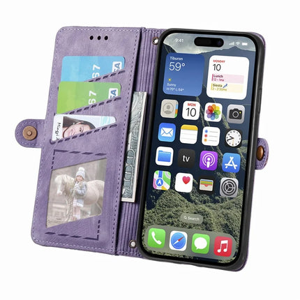 For iPhone 16e Zipper Wallet Case Geometry Lines Leather Phone Cover with Strap