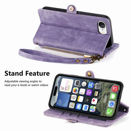 For iPhone 16e Zipper Wallet Case Geometry Lines Leather Phone Cover with Strap