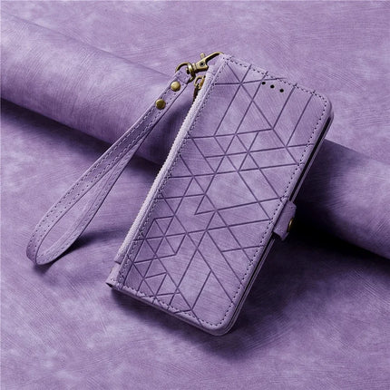 For iPhone 16e Zipper Wallet Case Geometry Lines Leather Phone Cover with Strap