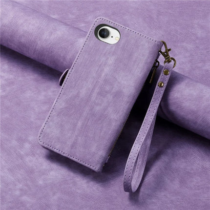 For iPhone 16e Zipper Wallet Case Geometry Lines Leather Phone Cover with Strap