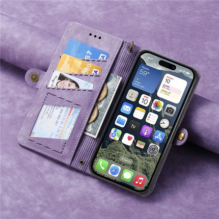For iPhone 16e Zipper Wallet Case Geometry Lines Leather Phone Cover with Strap