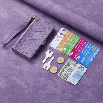 For iPhone 16e Zipper Wallet Case Geometry Lines Leather Phone Cover with Strap