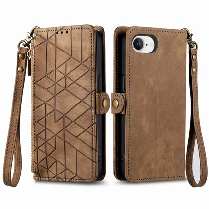 For iPhone 16e Zipper Wallet Case Geometry Lines Leather Phone Cover with Strap
