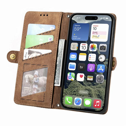 For iPhone 16e Zipper Wallet Case Geometry Lines Leather Phone Cover with Strap
