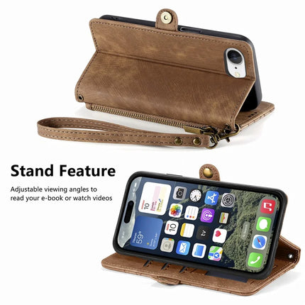 For iPhone 16e Zipper Wallet Case Geometry Lines Leather Phone Cover with Strap