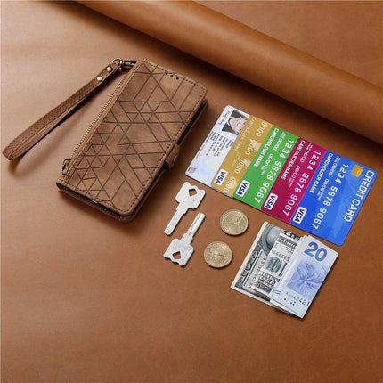 For iPhone 16e Zipper Wallet Case Geometry Lines Leather Phone Cover with Strap