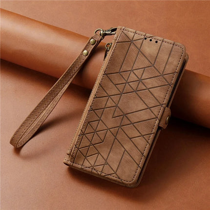 For iPhone 16e Zipper Wallet Case Geometry Lines Leather Phone Cover with Strap
