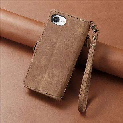 For iPhone 16e Zipper Wallet Case Geometry Lines Leather Phone Cover with Strap