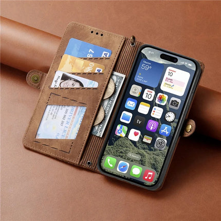 For iPhone 16e Zipper Wallet Case Geometry Lines Leather Phone Cover with Strap