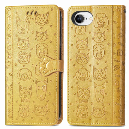 For iPhone 16e Leather Wallet Case Flip Phone Cover with Cute Cat Dog Pattern