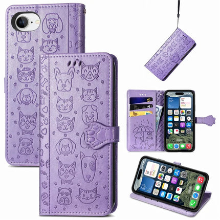 For iPhone 16e Leather Wallet Case Flip Phone Cover with Cute Cat Dog Pattern - Light Purple