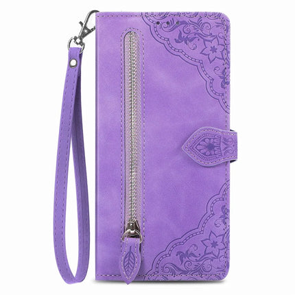 For iPhone 16e Zipper Wallet Case Flower Imprint PU Leather Phone Cover with Strap