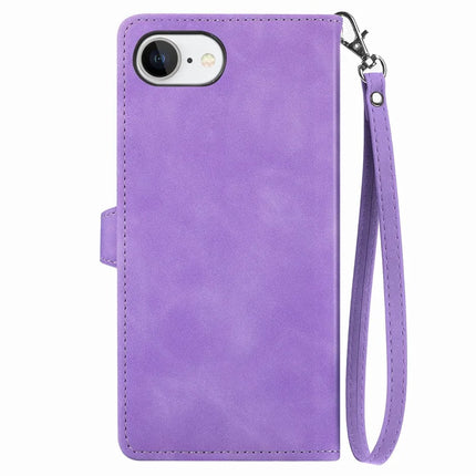 For iPhone 16e Zipper Wallet Case Flower Imprint PU Leather Phone Cover with Strap