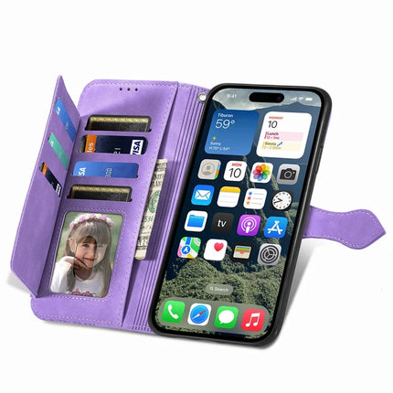 For iPhone 16e Zipper Wallet Case Flower Imprint PU Leather Phone Cover with Strap