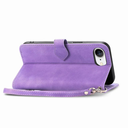 For iPhone 16e Zipper Wallet Case Flower Imprint PU Leather Phone Cover with Strap