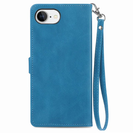 For iPhone 16e Zipper Wallet Case Flower Imprint PU Leather Phone Cover with Strap
