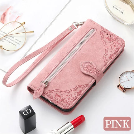 For iPhone 16e Zipper Wallet Case Flower Imprint PU Leather Phone Cover with Strap