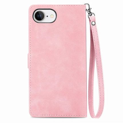 For iPhone 16e Zipper Wallet Case Flower Imprint PU Leather Phone Cover with Strap