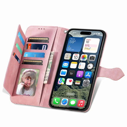For iPhone 16e Zipper Wallet Case Flower Imprint PU Leather Phone Cover with Strap