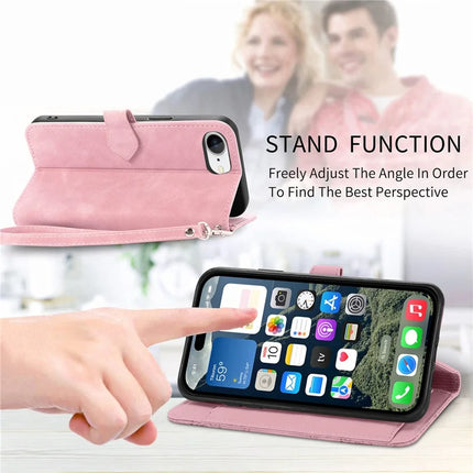 For iPhone 16e Zipper Wallet Case Flower Imprint PU Leather Phone Cover with Strap