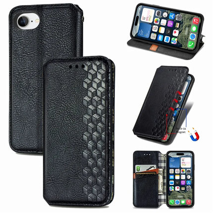 For iPhone 16e PU Leather Case Rhombus Imprint Wallet Stand Phone Cover - Black