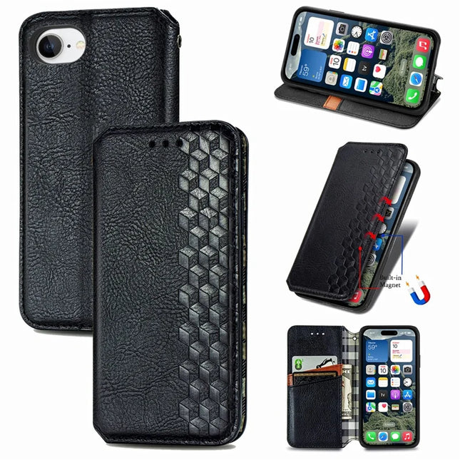 For iPhone 16e PU Leather Case Rhombus Imprint Wallet Stand Phone Cover - Black