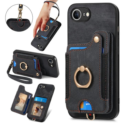 For iPhone 16e Retro PU Leather Back Cover with RFID Blocking Card Holder - Black