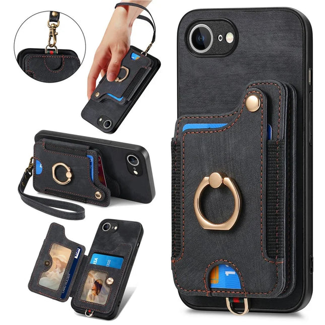 For iPhone 16e Retro PU Leather Back Cover with RFID Blocking Card Holder - Black