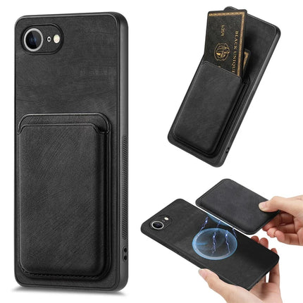 For iPhone 16e Case Retro Leather TPU Phone Back Cover with Detachable Card Slot - Black
