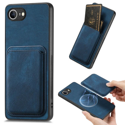 For iPhone 16e Case Retro Leather TPU Phone Back Cover with Detachable Card Slot - Blue