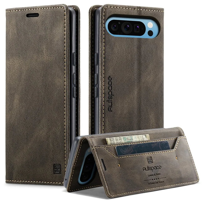 For Google Pixel 9 Pro / Google Pixel 9 Wallet Case AUTSPACE A01 Leather Stand Cover with RFID Blocking Card Holder - Coffee