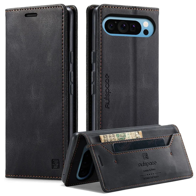For Google Pixel 9 Pro / Google Pixel 9 Wallet Case AUTSPACE A01 Leather Stand Cover with RFID Blocking Card Holder - Black
