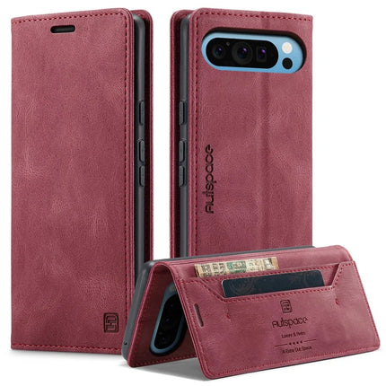 For Google Pixel 9 Pro / Google Pixel 9 Wallet Case AUTSPACE A01 Leather Stand Cover with RFID Blocking Card Holder - Red