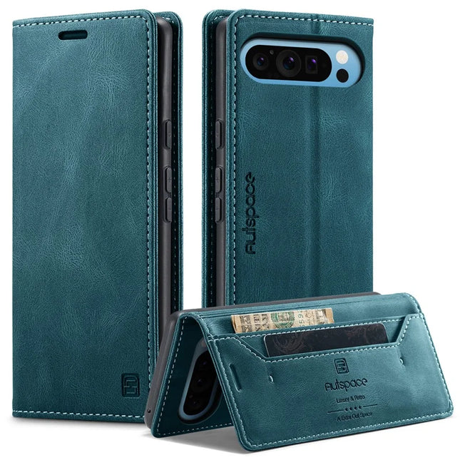 For Google Pixel 9 Pro XL Wallet Case AUTSPACE A01 Leather Stand Cover with RFID Blocking Card Holder - Blue