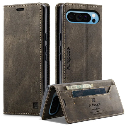 For Google Pixel 9 Pro XL Wallet Case AUTSPACE A01 Leather Stand Cover with RFID Blocking Card Holder - Coffee