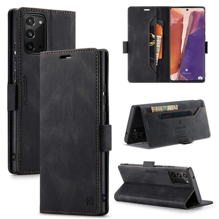 For Samsung Galaxy Note20 Wallet Case AUTSPACE A01 Leather Stand Cover with RFID Blocking Card Holder - Black