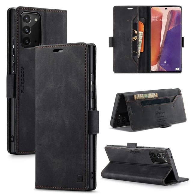 For Samsung Galaxy Note20 Wallet Case AUTSPACE A01 Leather Stand Cover with RFID Blocking Card Holder - Black