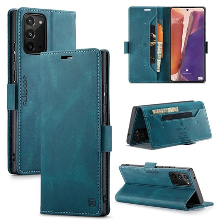 For Samsung Galaxy Note20 Wallet Case AUTSPACE A01 Leather Stand Cover with RFID Blocking Card Holder - Blue