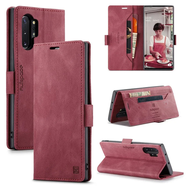 For Samsung Galaxy Note 10 Plus 4G Wallet Case AUTSPACE A01 Leather Stand Cover with RFID Blocking Card Holder - Red